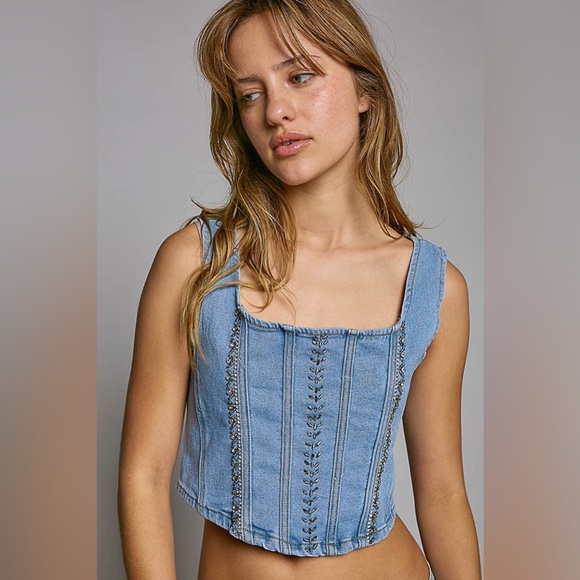 Rhinestone Denim Corset Tank Top - POL - Picture 2 of 5